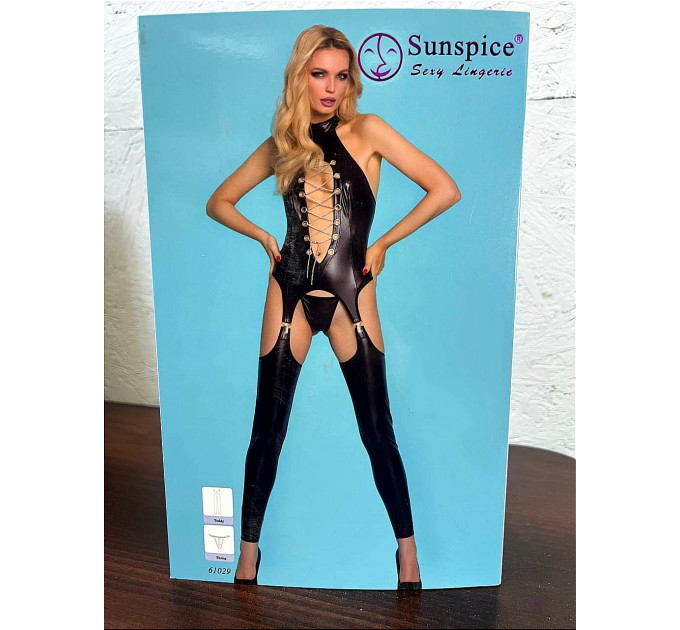 Комбинезон черный с чулками Sunspice и стринги в комплекте, S/M