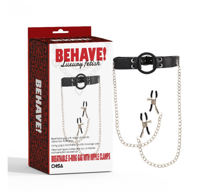 Кляп с кольцом и зажимами для сосков Chisa BEHAVE! Luxury Fetish черный