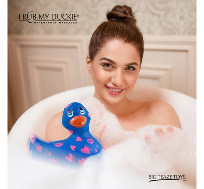 Вибратор уточка для клиторальной стимуляции Big Teaze Toys Rub My Duckie синяя в сердечках