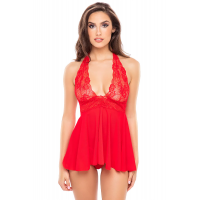 ПЕНЬЮАР 2PC LACE & MESH HALTER BABYDOLL & G-STRING SET RED, S