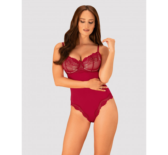 Сексуальне боді з мереживними вставками Obsessive Rosalyne червоне, L/XL