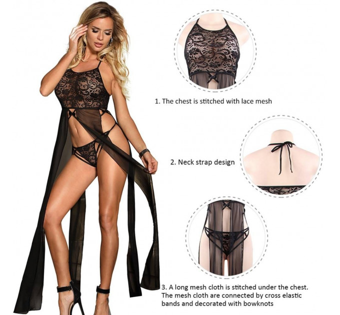 Довгий пеньюар з трусиками Star Night з мереживом, на зав'язках, чорний, XS-S