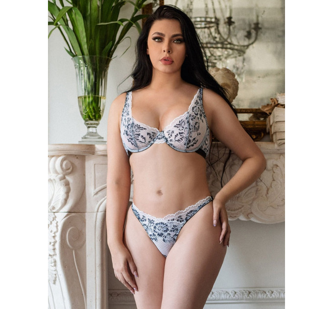 Комплект білизни мереживної Star Night з квітковим принтом, чорно-білий, 3XL-4XL