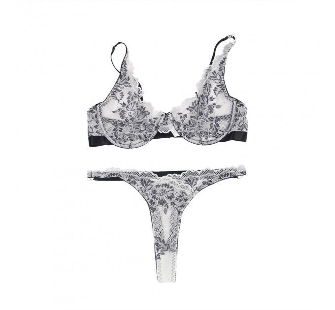 Комплект білизни мереживної Star Night з квітковим принтом, чорно-білий, 3XL-4XL