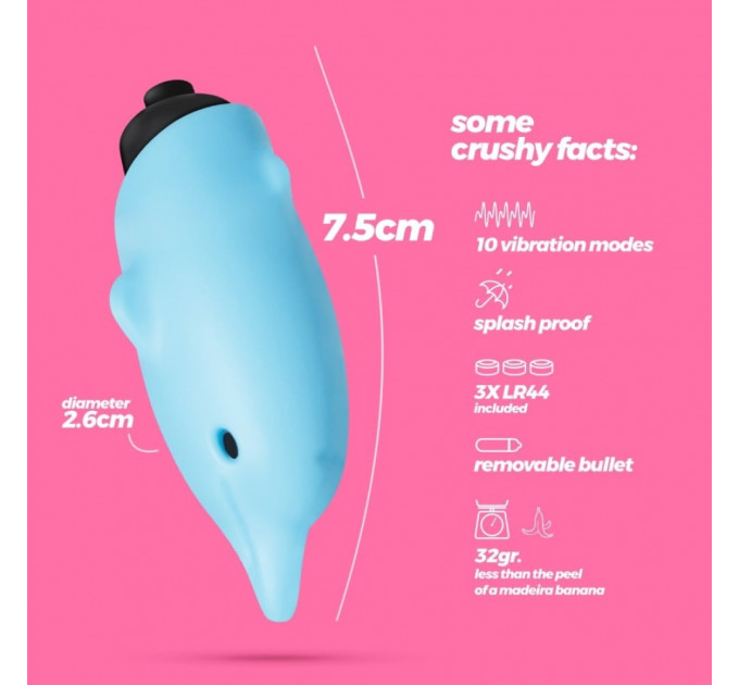 Мини-вибратор в виде дельфина Crushios Dolphin з 10 скоростями, голубой