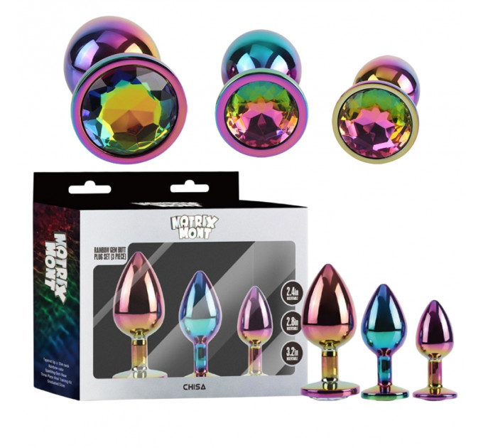 Набір анальних пробок різнокольорові CHISA MATRIX MONT з різнокольоровим каменем, 3 шт.