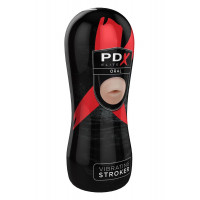 Мастурбатор-рот в черной колбе Pipedream PDX Elite с вибрацией, телесный