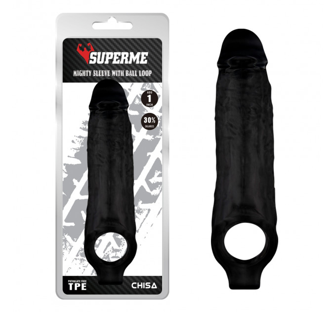 Насадка на член Chisa SuperMe Mighty Sleeve With Ball Loop с кольцом на мошонку, черная