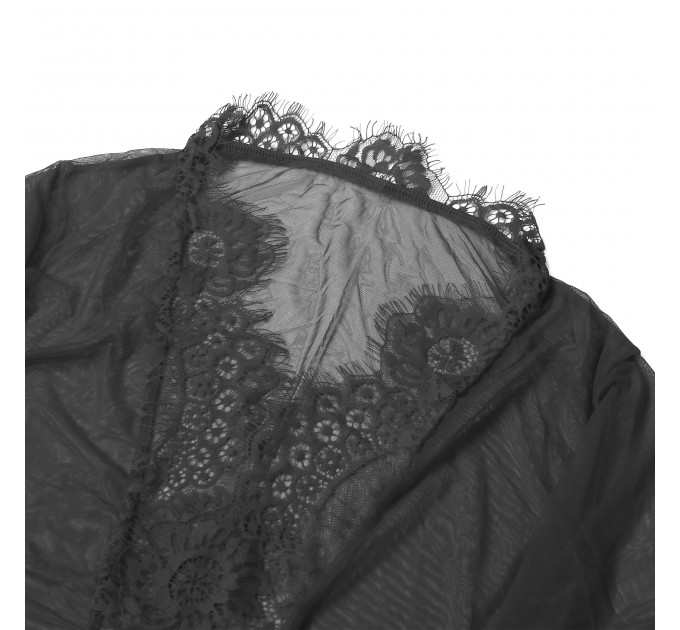 Халатик полупрозрачный Star Night с поясом и кружевом, черный, M-L