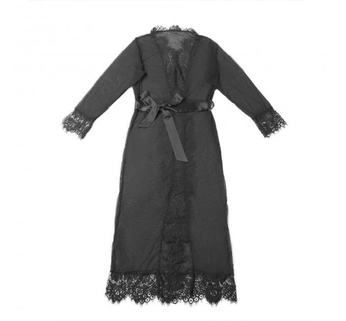 Халатик полупрозрачный Star Night с поясом и кружевом, черный, M-L