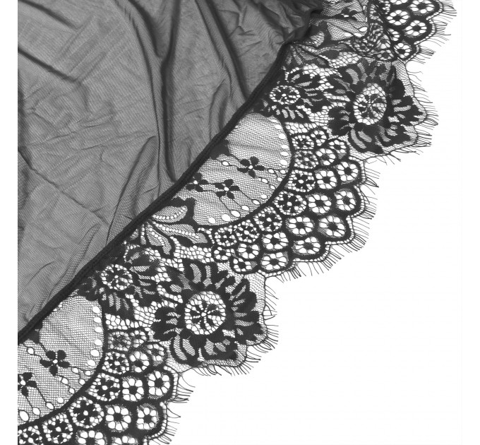 Халатик полупрозрачный Star Night с поясом и кружевом, черный, M-L