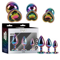 Набір анальних пробок різнокольорові CHISA MATRIX MONT з різнокольоровим каменем у формі серця, 3 шт.