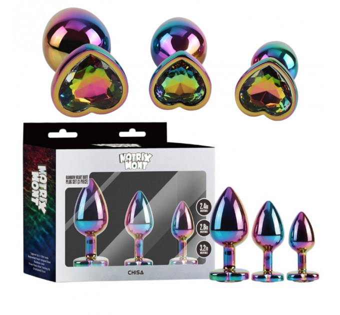 Набір анальних пробок різнокольорові CHISA MATRIX MONT з різнокольоровим каменем у формі серця, 3 шт.