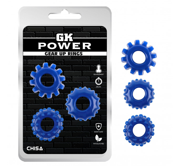 Набор эрекционных колец Chisa GK Power Cock Rings с рельефом, синие, 3 шт.