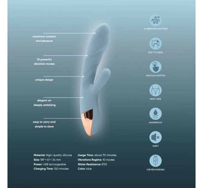 Вибратор кролик с функцией нагрева +10 режимов вибрации Sweet Em Velvet Lure, голубой