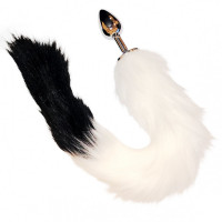 Анальная пробка с черно-белым лисьим хвостом, металл, S