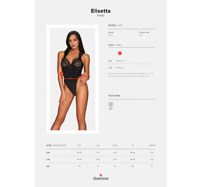 Элегантное сексуальное боди Obsessive Elisetta черное, L/XL