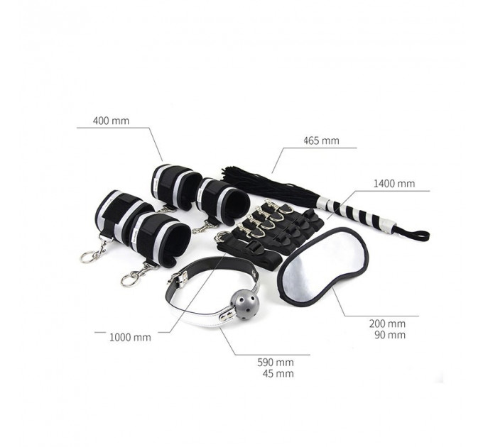Набір БДСМ Roomfun Bedroom Restraint Kit фіксатори, батіг, кляп, маска, чорний-сірий