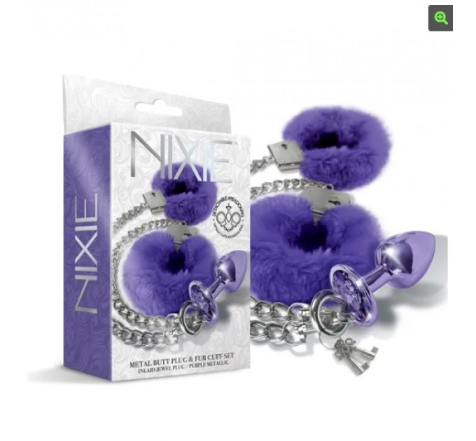Набор Global Novelties NIXIE METAL BUTT PLUG & FURRY HANDCUFF SET, MEDIUM, PURPLE METALLIC