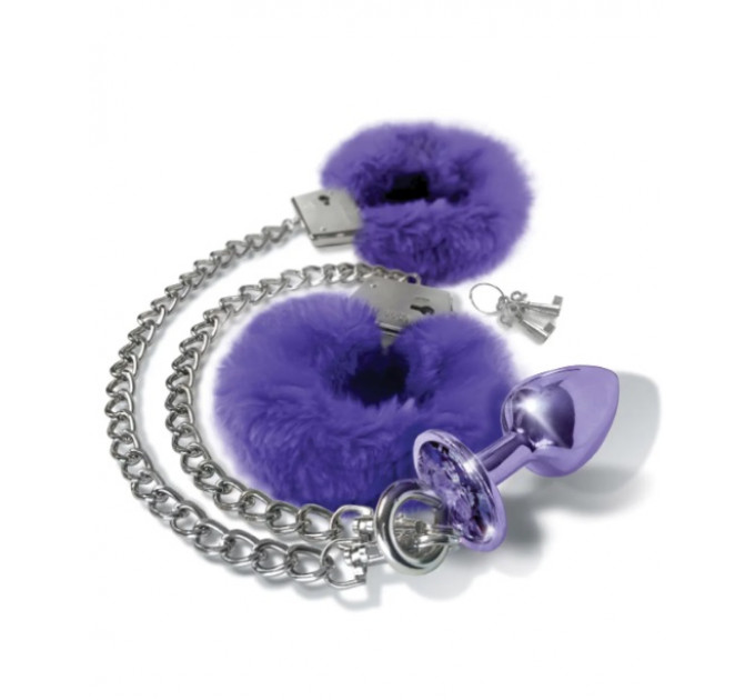 Набор Global Novelties NIXIE METAL BUTT PLUG & FURRY HANDCUFF SET, MEDIUM, PURPLE METALLIC