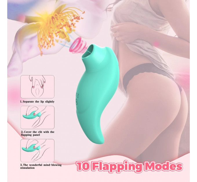 Вібратор із кліторальним стимулятором із язичком Every Night Toys Jen, зелений, 10 режимів вібрації