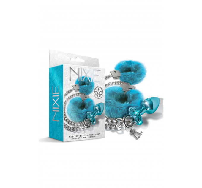 Набор Global Novelties NIXIE METAL BUTT PLUG & FURRY HANDCUFF SET, MEDIUM, BLUE METALLIC