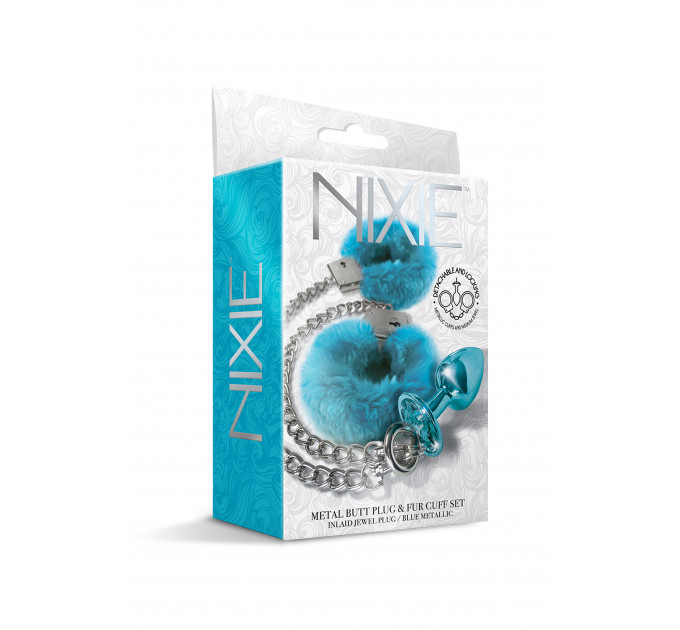 Набор Global Novelties NIXIE METAL BUTT PLUG & FURRY HANDCUFF SET, MEDIUM, BLUE METALLIC