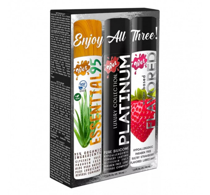 Набір лубрикантів Wet Sampler Lubricant (Platinum, Essential95, Flavored Strawberry) 3 шт. по 30 мл