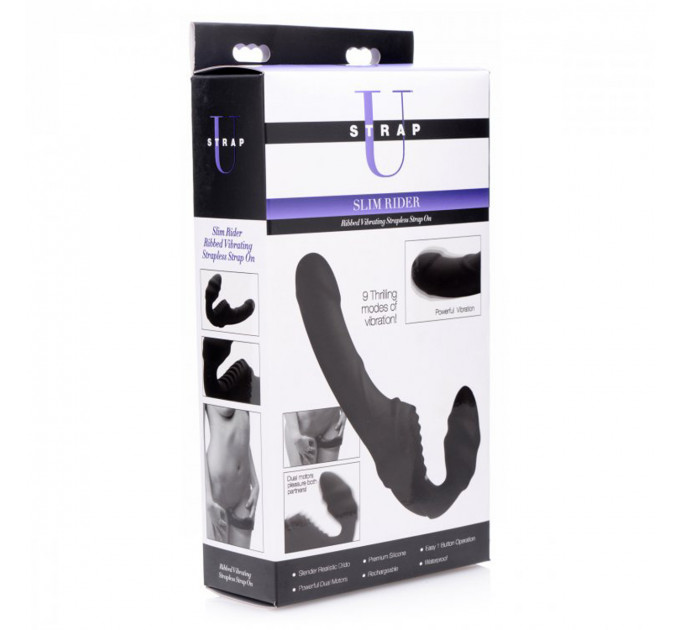Женский вибрострапон Slim Rider Ribbed Ribbed Vibrating Silicone Strapless Strap On, черный