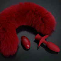 Анальная вибропробка с ротацией UPKO с натуральным лисьим хвостом и пультом, красный