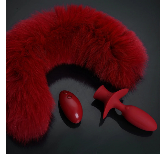 Анальная вибропробка с ротацией UPKO с натуральным лисьим хвостом и пультом, красный