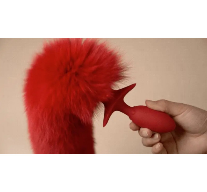 Анальная вибропробка с ротацией UPKO с натуральным лисьим хвостом и пультом, красный