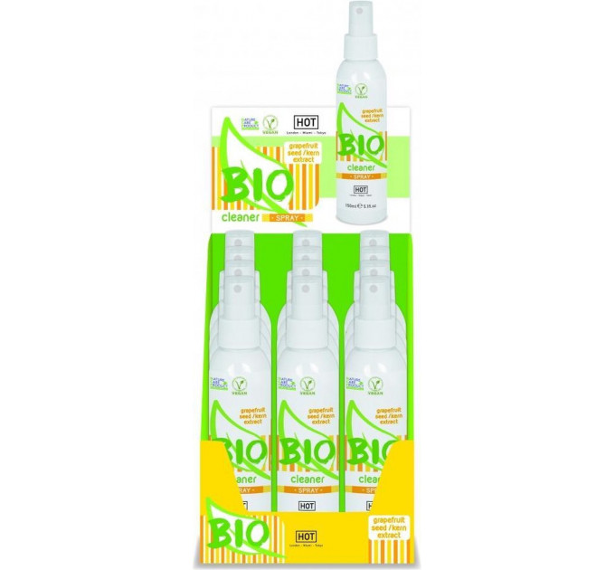 Дисплей с очистителем для секс игрушек HOT BIO Cleaner Spray 150 мл (12 шт. в наборе)