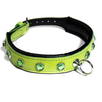 Ошейник со стразами тонкий DS Fetish кожаный, салатовый (Голландия)