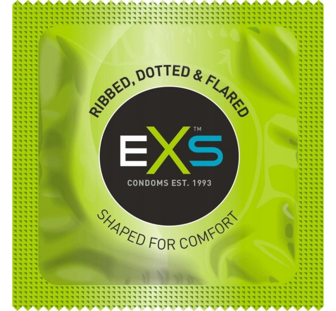 Презервативи EXS Ribbed, Dotted ребристі з пухирцями, зелені; 53 мм (ціна за 5 шт.)